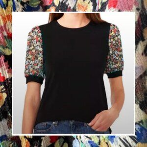 Black Women's Crewneck Floral Colorful Spring Short Sleeve Knit Top - Size M